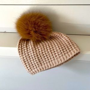 Monelle Cashmere Blend Champagne Knit Hat with Rabbit Fur Pom